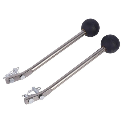 Two metal float rods with black floats and latch mechanisms for liquid level controls, laid side by side.