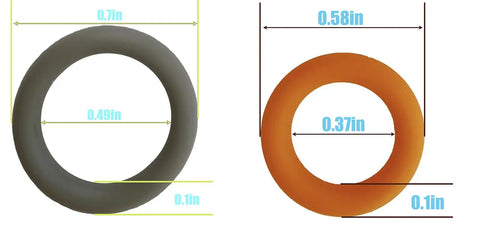 60 Pack Pro Grade Pressure Washer O Ring Set With 30 Orange One Quarter Inch And 30 Grey Three Eighths Inch Quick Connect Seals For M22 Fittings Fits Garden Hose Nozzle And Power Washer Accessories, showing grey and orange O-rings with measurements.