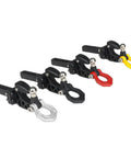 Set of colorful trailer hitches for 1/8 and 1/10 scale crawlers, featuring the Beefy Metal Adjustable RC Trailer Hitch Tow Hook For 1 By 8 And 1 By 10 Scale Crawlers Ready To Roll TRX4 SCX10 KM Tank Upgrade Part Black Finish Built Tough For Easy Install And Realistic Look.