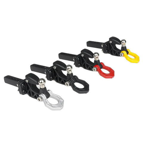 Set of colorful trailer hitches for 1/8 and 1/10 scale crawlers, featuring the Beefy Metal Adjustable RC Trailer Hitch Tow Hook For 1 By 8 And 1 By 10 Scale Crawlers Ready To Roll TRX4 SCX10 KM Tank Upgrade Part Black Finish Built Tough For Easy Install And Realistic Look.