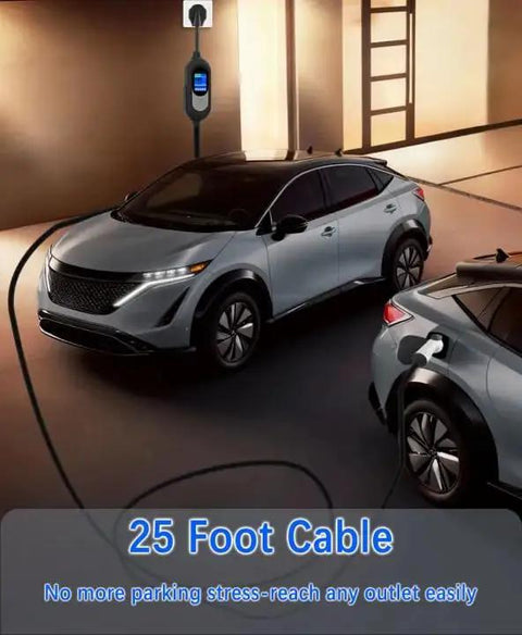 Top Drawer Level 2 Electric Vehicle Charger 50 Amp 240V Heavy Duty Wall Mount With 25 Foot Cable Nema 14-50 Plug For Fast Lane Charging J1772 Connector, EV charging with two cars.
