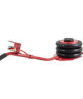 Side view of red three-ton triple bag air jack with six steel tubes, long handles, durable base for car repairs and maintenance