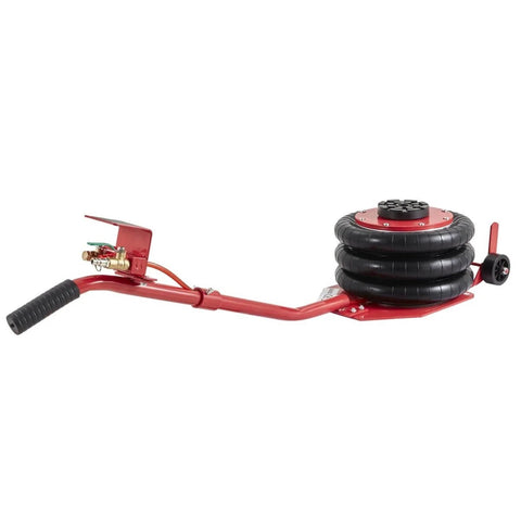 Side view of red three-ton triple bag air jack with six steel tubes, long handles, durable base for car repairs and maintenance