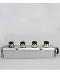 Side view of 30x30mm G1 4 Out G1 2 In 4 Way Pneumatic Fitting Air Manifold Block Splitter, durable aluminum body for workshop use.