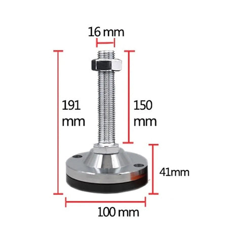 Heavy Duty Adjustable Leveling Feet With Shock Absorbing Rubber Base And Steel Core M16 Threaded Glides, 191mm height, 100mm base.