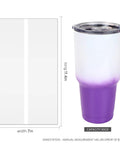 50 Pack 7X11 Inch Sublimation Shrink Films For 30 Oz Tumblers alongside a purple gradient tumbler, displaying size details.