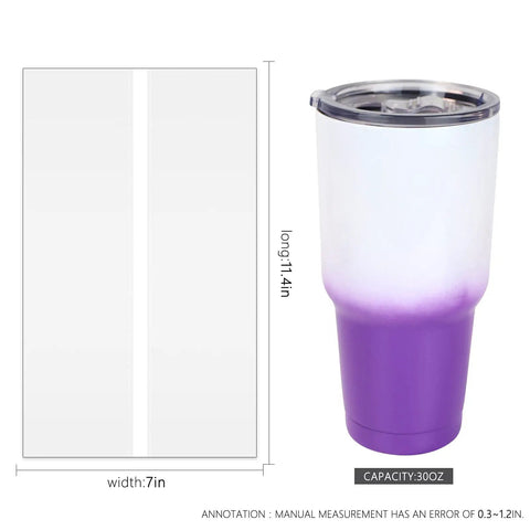 50 Pack 7X11 Inch Sublimation Shrink Films For 30 Oz Tumblers alongside a purple gradient tumbler, displaying size details.