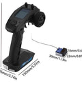 Six Channel RC Transmitter With FS-BS6 Receiver For Cars And Boats, Flysky Ready, showing dimensions and receiver connection