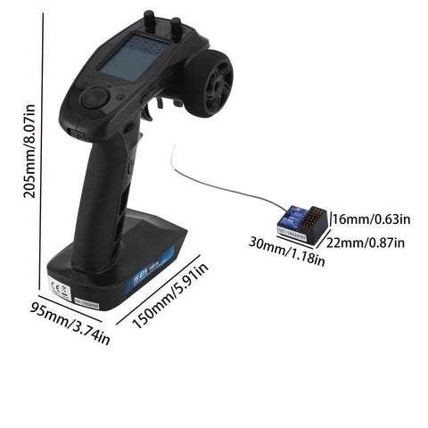 Six Channel RC Transmitter With FS-BS6 Receiver For Cars And Boats, Flysky Ready, showing dimensions and receiver connection
