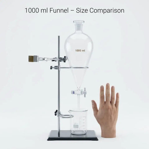 Beefy 1000ml Heavy Duty Conical Separating Funnel With 24 29 Joint PTFE Stopcock And Lab Distillation Support Rack For Stable Titration And Liquid Liquid Extraction, size comparison