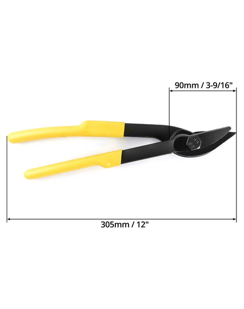 Heavy Duty Strapping Cutter Made For Tough Jobs 12 Inch Adjustable Snips with yellow handles and carbon steel blades for cutting.