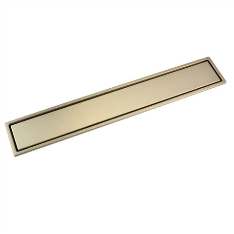 Slick Stainless Steel Linear Shower Drain With Built In Hair Catcher And Flush Grate Cover For Fast Water Flow and Totally No Fuss Drainage Performance in gold finish.
