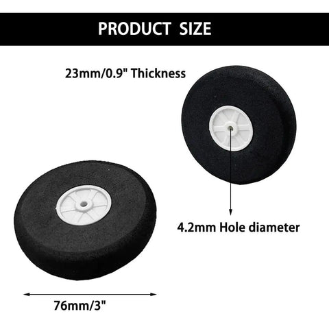 Ultra Lightweight 3 Inch Foam RC Plane Wheels Set 5 Pcs Black Sponge Tire Wheels showing dimensions and hole diameter