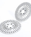 Heavy Duty Front Brake Rotor Pair Two Piece Set For Left Driver And Right Passenger Side Replacement Stainless Steel Silver Finish on display.