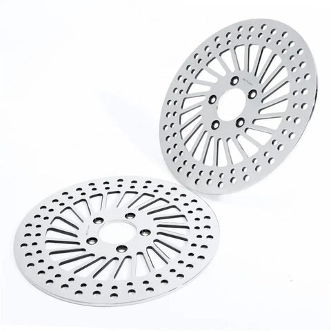 Heavy Duty Front Brake Rotor Pair Two Piece Set For Left Driver And Right Passenger Side Replacement Stainless Steel Silver Finish on display.