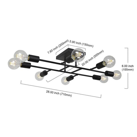 8 Light Sputnik Ceiling Light In Black Flush Mount With E26 Base, industrial vintage chandelier dimensions and design detail