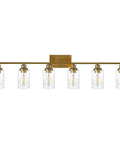 Six-light gold wall sconce with glass shades, metal base, industrial style mount for bathroom mirror, hallway, and kitchen glow