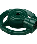 Green all-metal sprinkler with no puddle design, delivers even coverage for a 30 foot diameter circle. Heavy duty garden watering tool.