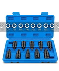 Cool 10-Piece Torx Socket Adapter Set With T20 To T70 Bits For Your 1/2 Inch Impact Wrench. open blue case with 10 black Torx bits