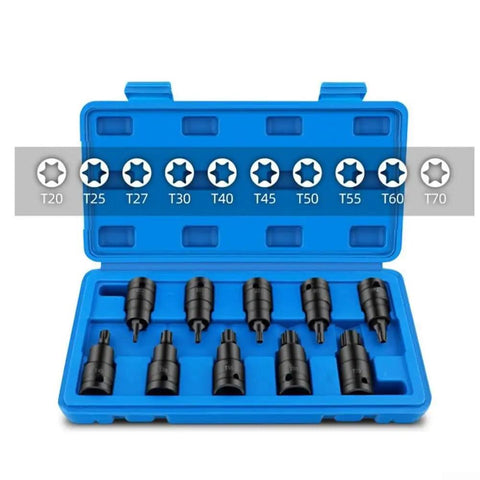 Cool 10-Piece Torx Socket Adapter Set With T20 To T70 Bits For Your 1/2 Inch Impact Wrench. open blue case with 10 black Torx bits