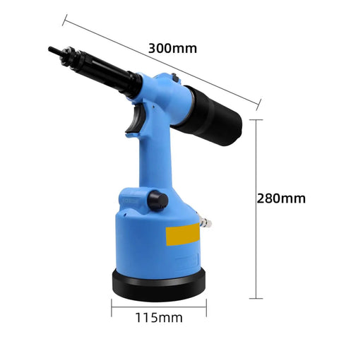 No Nonsense Heavy Duty Pneumatic Rivet Nut Pliers Set With M3 To M12 Tips And 7mm Adjustable Stroke showing size dimensions of 300mm by 280mm by 115mm.