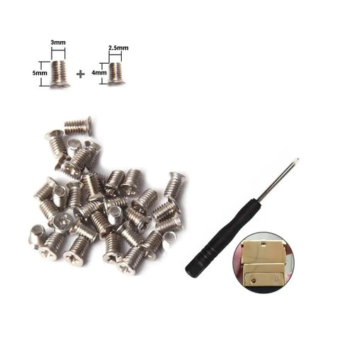 Heavy Duty Nickel Plated Flat Head Screws For Slick Belt Buckle And Handbag Repair Kit, 30 pcs, 2.3mm x 4mm, 2.9mm x 5mm, with screwdriver.