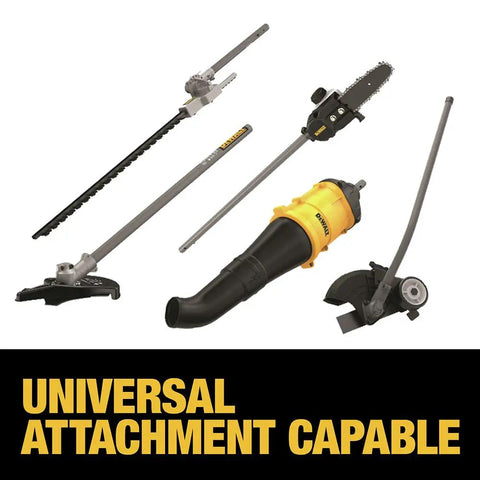 Universal Attachment Cordless String Trimmer With Adjustable 15 To 17 Inch Swath And Dual 0.080 Inch Or 0.095 Inch Line Quick Load Spool For Easy Refill And Works With Extra Tool Attachments Yellow And Black shown with various tool attachments.