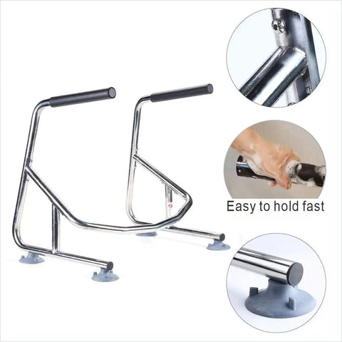 Heavy Duty Toilet Safety Rails With Adjustable Support Leg For Seniors, stainless steel frame, close-up of non-slip grip and suction cups