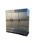 Straight Up Solid Workhorse Three Door Commercial Reach In Freezer, 72 Cubic Foot Stainless Steel Build, showcasing three doors.