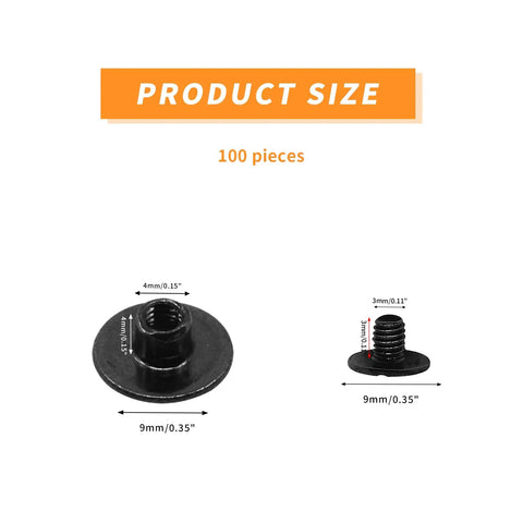 Fifty Pack Of Slick Black Chicago Binding Screws M4x4mm Slotted Ends Copper Plated Hardware Rock Solid For Books And Craft Projects That Resists Rust And Tightens Smooth With Zero Fuss Or Complications display with product size details.