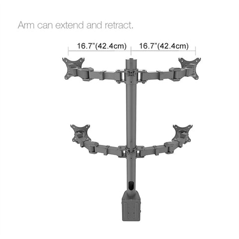 Heavy Duty Workhorse Quad Monitor Stand For Four Screens Up To 30 Inch Vesa Desk Mount showing adjustable arm length and design.