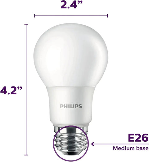 EyeComfort LED A19 4 Pack Soft White 2700K 450 Lumens Frosted Flicker Free Bulbs dimensions and E26 base details