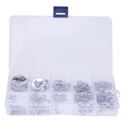 Top Picks 304 Stainless Steel Retaining Rings Set With Durable E-Type Fasteners For Home And Projects, Sizes From One Point Two To Fifteen Millimeters Heavy Duty Hardware Kit in clear storage case.