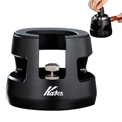 Adjustable Height Espresso Tamping Station With 58 Mm Portafilter Cradle And Slick Aluminum Tamper Holder Base showing a compact black aluminum design.