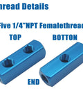Thread labeled DIY Friendly Air Manifold One Quarter Inch NPT Two Way Five Port Inlet Outlet Aluminum Blue Pneumatic