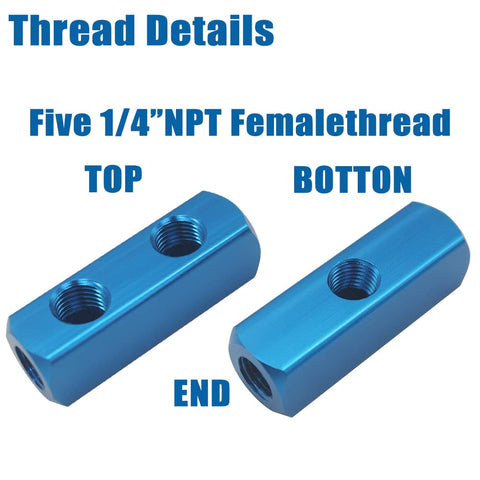 Thread labeled DIY Friendly Air Manifold One Quarter Inch NPT Two Way Five Port Inlet Outlet Aluminum Blue Pneumatic