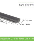 Side view of gray self-adhesive weather stripping seal, brush-style, 16.5 ft long, cross-section 0.2 in by 0.35 in.