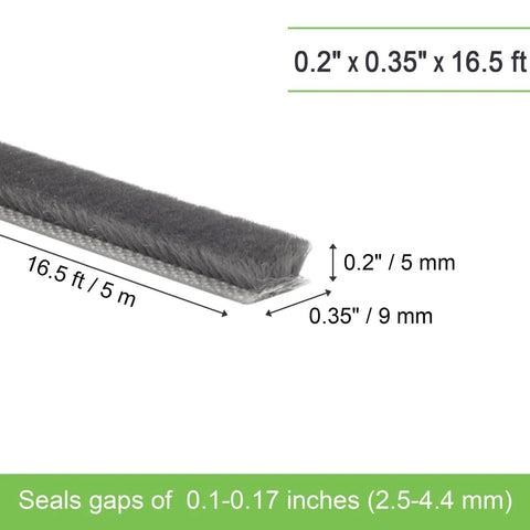 Side view of gray self-adhesive weather stripping seal, brush-style, 16.5 ft long, cross-section 0.2 in by 0.35 in.