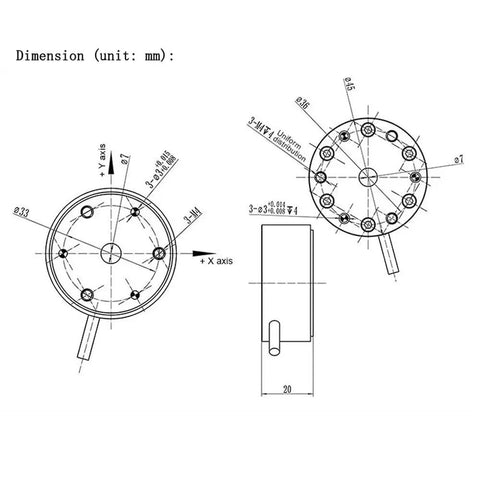 Technical drawing of Six Axis Load Cell Sensor For Robotics And Medical Applications, 20N Per Axis And 5Nm Torque, IP65 Pro Grade