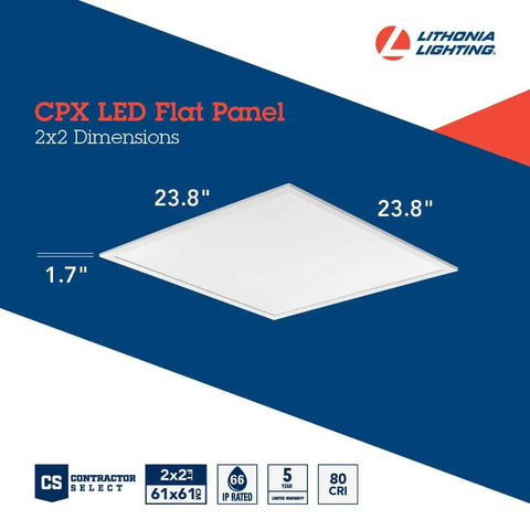 Diagram showing dimensions of CPX 2x2 LED Flat Panel Light 3200 Lumens 5000K Daylight Ceiling Fixture with low glare design