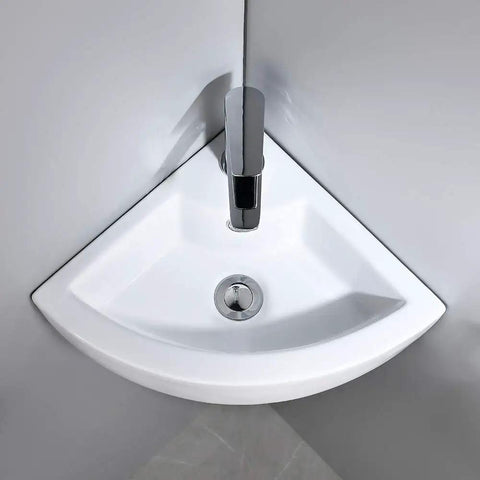 Wall Mount Corner Vessel Sink With Chrome Faucet And Pop Up Drain, White Porcelain Above Counter Mini Vanity Sink For Small Bathrooms