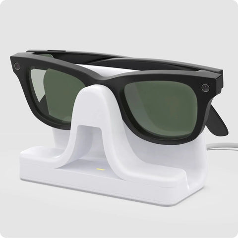 Slick Charging Stand With USB-C Cable For Ray-Ban Meta Smart Glasses Gen 1 And Gen 2, Clean Desk Dock, displayed with glasses