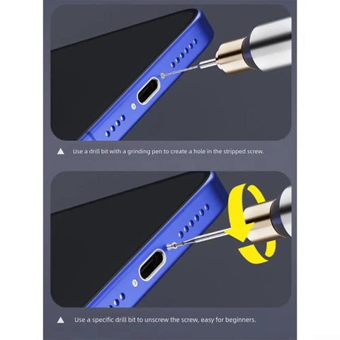 Premium Alloy Screw Extractor Drill Bit Set With Fixed Handle For Stripped Screws Removal In Phones And Electronics, close-up on blue phone repair