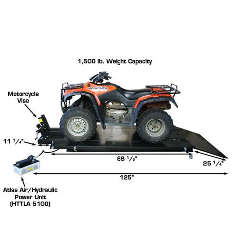 Hella Sturdy Hi Rise Motorcycle And Atv Lift With Slick Caster Wheels 1500 Lb Load Rating Air Powered Hydraulic Jack Anti Slip Diamond Grid Platform Easy Click Height Stops Garage Floor Must Have