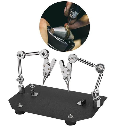 Pro Grade Sturdy Welding Table Clamp With 360 Degree Adjustable Arms, Third Hand Tool, viewed with steel arms and anti-slip base.