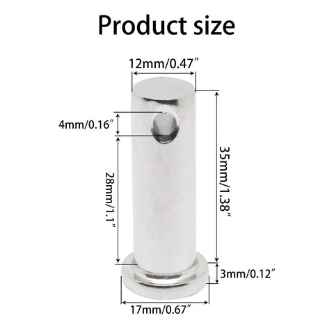 Diagram of 304 Stainless Steel Single Hole Clevis Pins Flat Head Beefy Heavy Duty M12x35mm, showing dimensions in metric and inches.