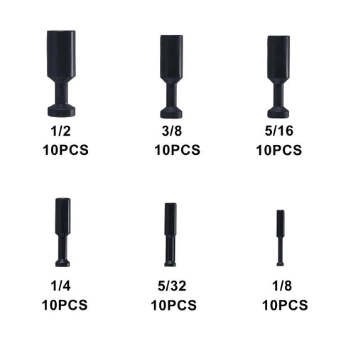 60-Piece Push To Connect Pneumatic Fittings And Blank Plugs Set For 1/8 5/32 1/4 5/16 3/8 1/2 Inch Inner Diameter Tubing shown by size