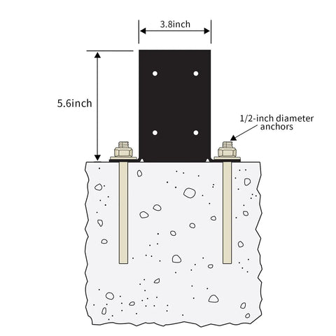Diagram of Heavy Duty 4x4 Post Base Brackets Black Powder Coated 14 Gauge Steel 8 Pack Fits 3.6x3.6 In Dry Posts mounted on concrete.