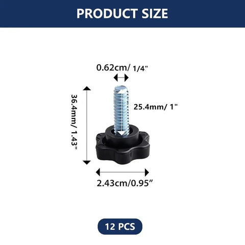 Twelve Pack Of Quarters Twenty By One Inch Star Thumb Screws With Knurled Faces, 1 inch, black knob with galvanized shank.