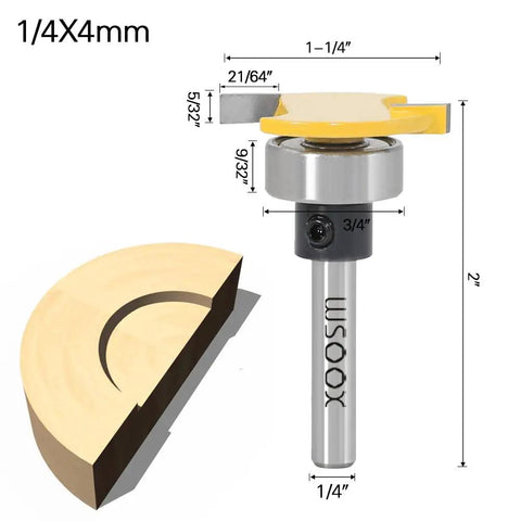 Slot Cutting Router Bits Set with Biscuit Bit and 4mm Cutting Height, 1/4 Inch Shank, shown with woodworking dimensions.